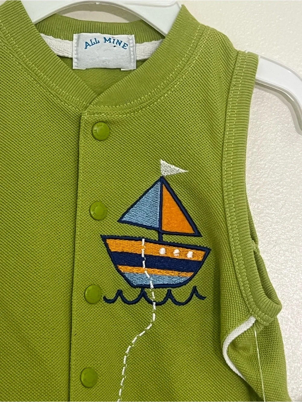All Mine 100% cotton baby boy Green Nautical appliqués dead stock romper w/ Hat